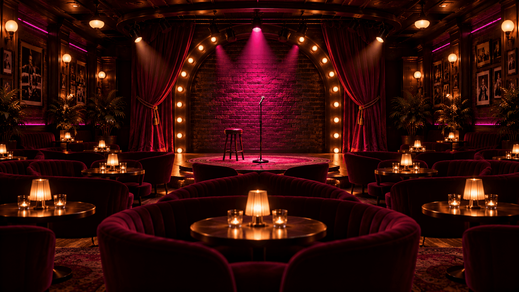 The Giggles comedy room viewed from the back with curved lounge seating and candlelit tables