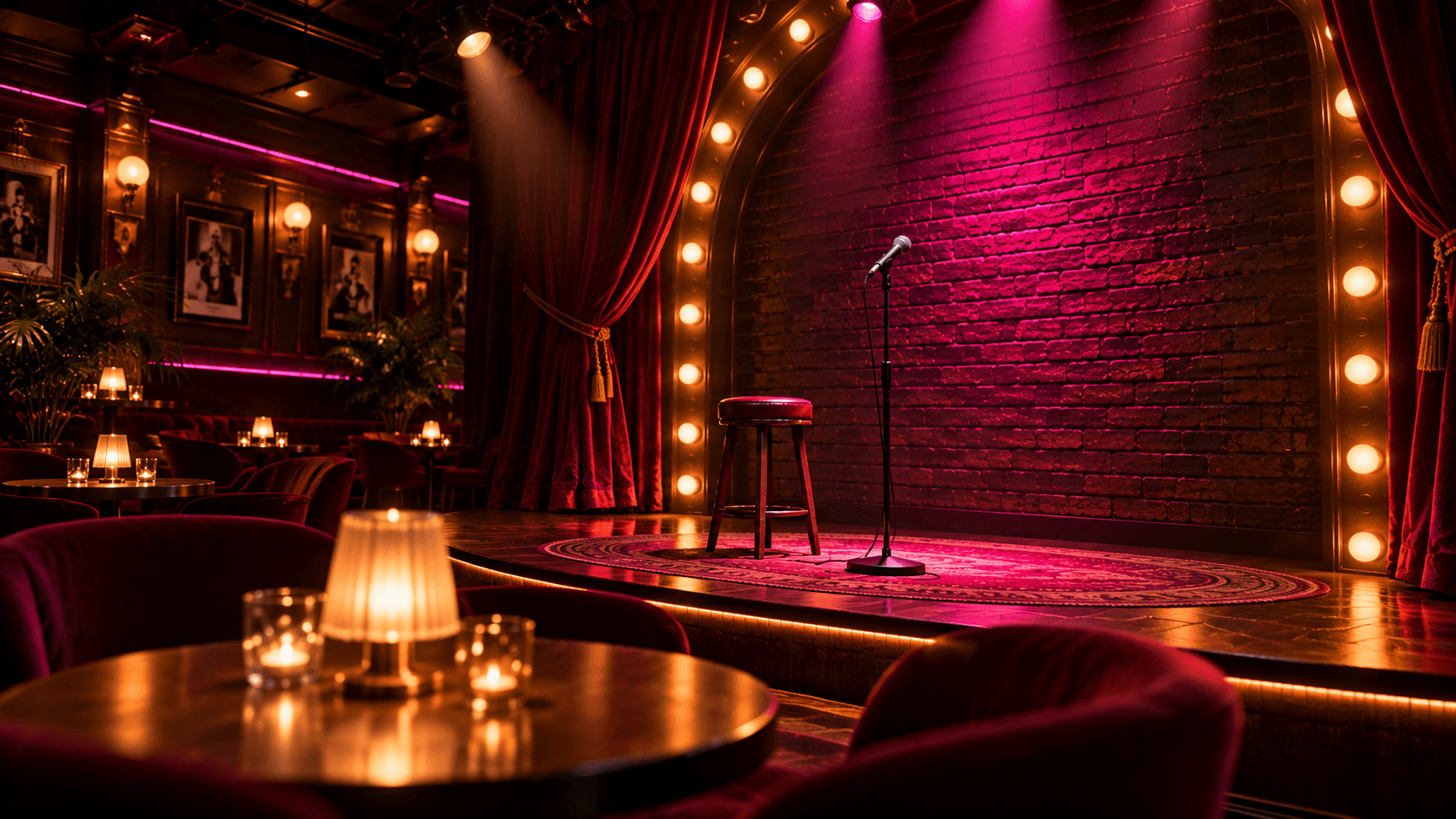 A front-row table looking across the Giggles comedy club toward the microphone