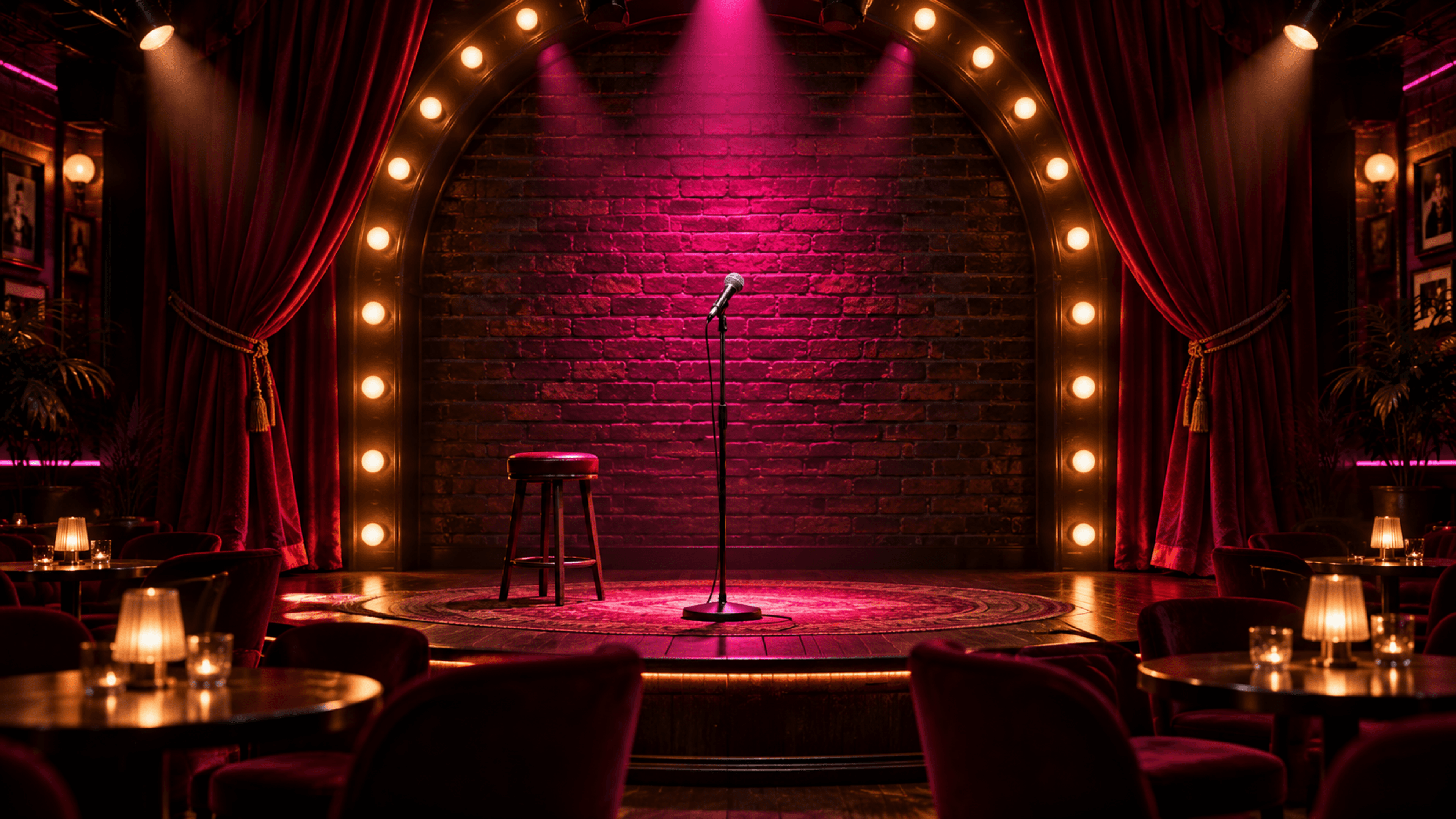An intimate comedy club stage framed by burgundy curtains and warm marquee lights